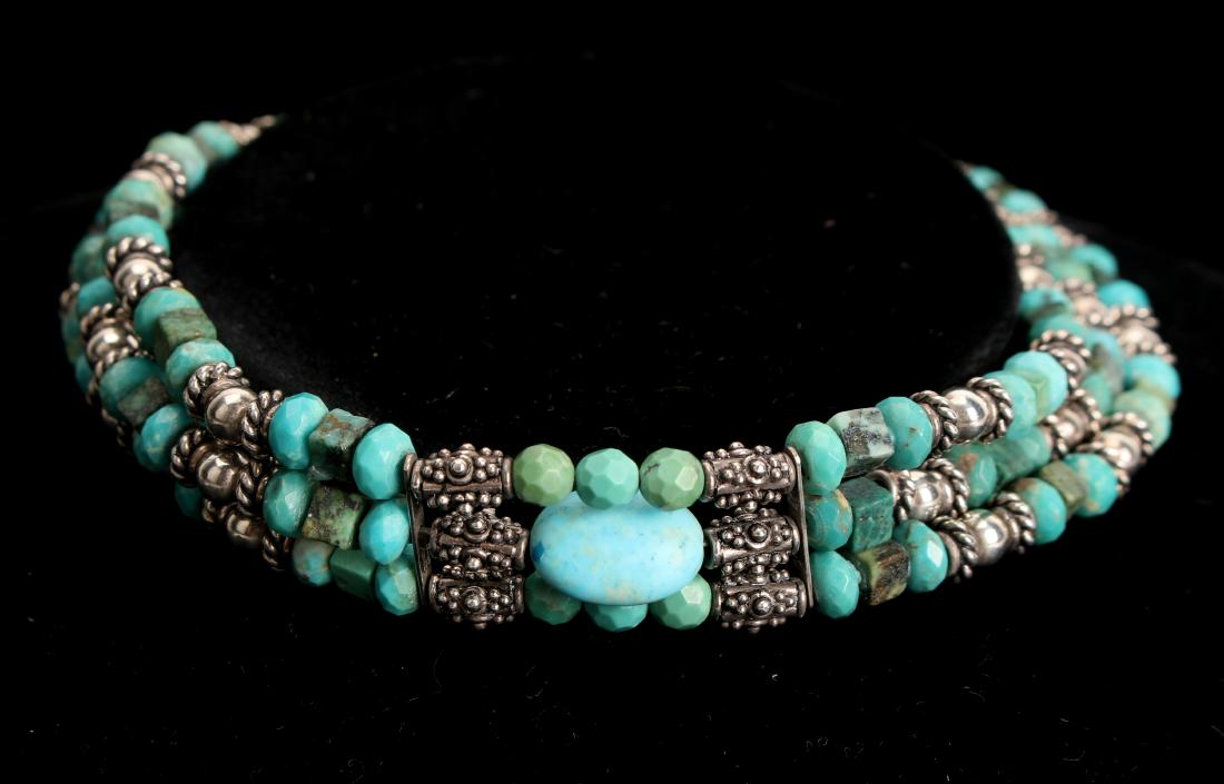 THREE STRAND TURQUOISE & STERLING CHOKER: THREE STRAND TURQUOISE & STERLING CHOKER: Turquoise and sterling bead choker. Stamped on tongue part of the clasp 925. 15" $100 - $200 Shipping:<