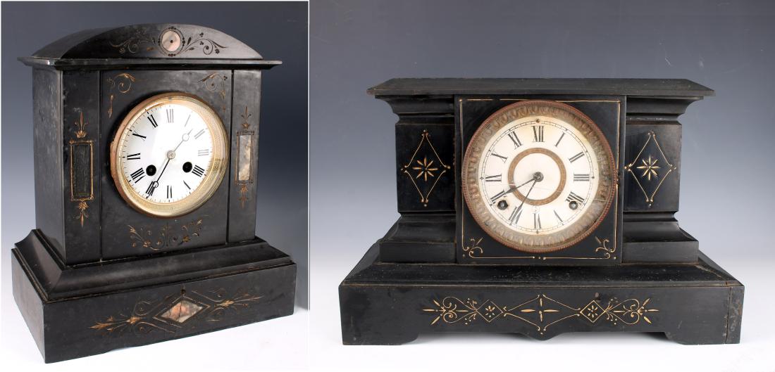 TWO EASTLAKE MARBLE MANTEL CLOCKS: TWO EASTLAKE MARBLE MANTEL CLOCKS: The dome top is black marble with insets of pink marble with incised eastlake designs accented in gold. The pendulum is marked Thieble. The flat top is a Seth Thomas