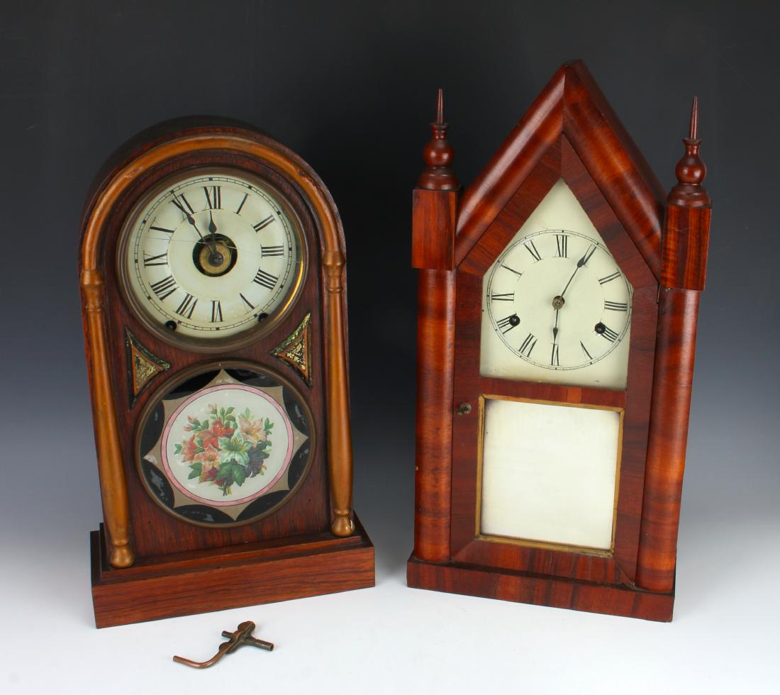 SETH THOMAS, NEW HAVEN MANTEL CLOCKS: SETH THOMAS, NEW HAVEN MANTEL CLOCKS: New Haven Clock Co. eight day steeple clock. The other is a Seth Thomas eight day key wind kitchen dome clock with alarm. Has a written provenance.