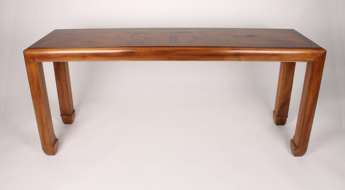 WOODEN SIDE TABLE JOHN WIDDICOMB: WOODEN SIDE TABLE JOHN WIDDICOMB: Long side table with Chinese style feet. Engraved plate underneath that reads "John Widdicomb Makers of Fine Furniture Grand Rapids, Michigan".