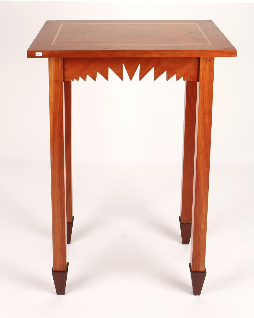 CUSTOM MADE FINE WOOD CRAFT STAND TABLE: CUSTOM MADE FINE WOOD CRAFT STAND TABLE: Cherry is the primary wood with accents of lighter and darker woods with a strip inlay on the top, perched on rectangular tapered