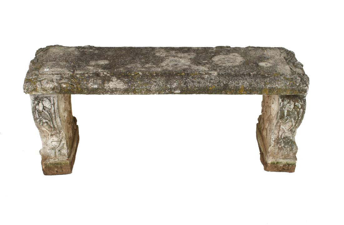 CAST CEMENT GARDEN BENCH: CAST CEMENT GARDEN BENCH: Three piece set including two base pieces and a seat. Perfectly patinaed in moss. 38" X 14" X 16" $200 - $400 Ship