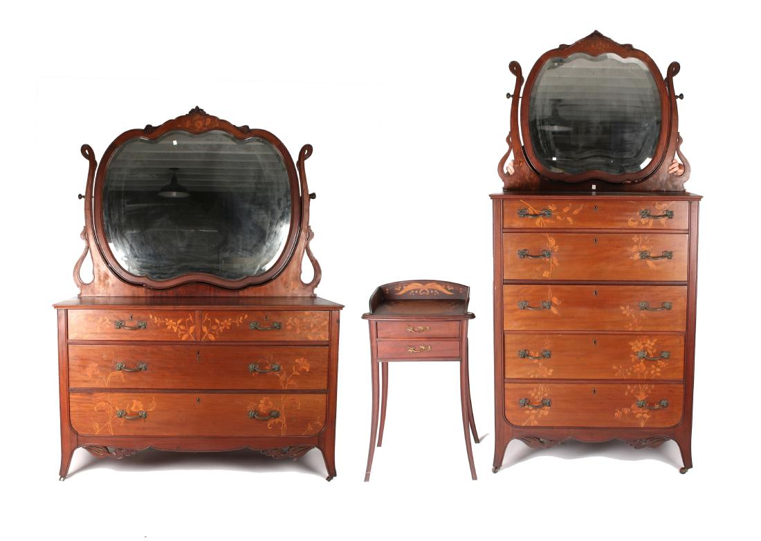 ART NOUVEAU INLAID FOUR PIECE BEDROOM SET: ART NOUVEAU INLAID FOUR PIECE BEDROOM SET: Mahogany set inlaid with lighter woods in the form of lily of the valley flowers and leaves on the nightstand, and poppies and l