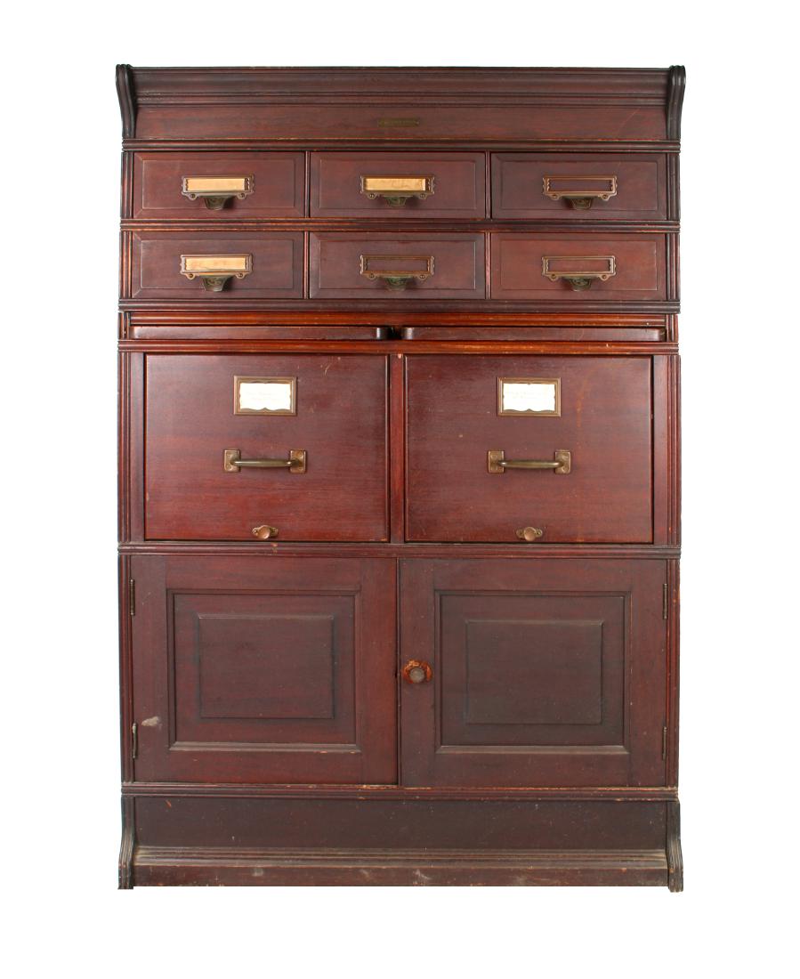 ANTIQUE YAWMAN ERBE CARD CATALOG FILING CABINET: ANTIQUE YAWMAN ERBE CARD CATALOG FILING CABINET: In six segments with six file drawers over two pull out shelves over two file cabinets, over storage area. All original hardware.