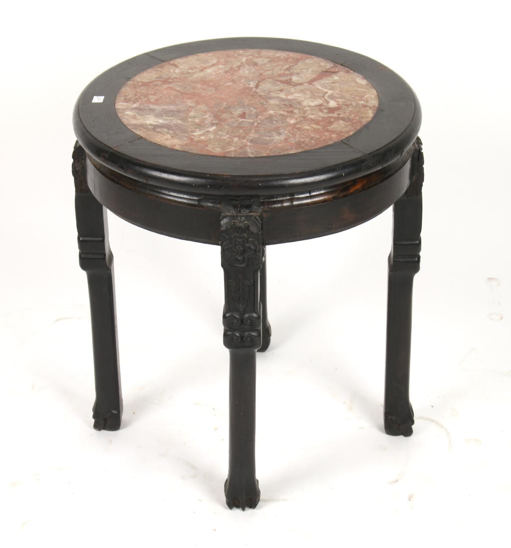 CHINESE WOODED STOOL WITH MARBLE INSET: CHINESE WOODED STOOL WITH MARBLE INSET: On four legs with claw feet, the top of the legs are carve in flower and leaf with a double ruyi border. 16 1/2" X 18 1/2"</