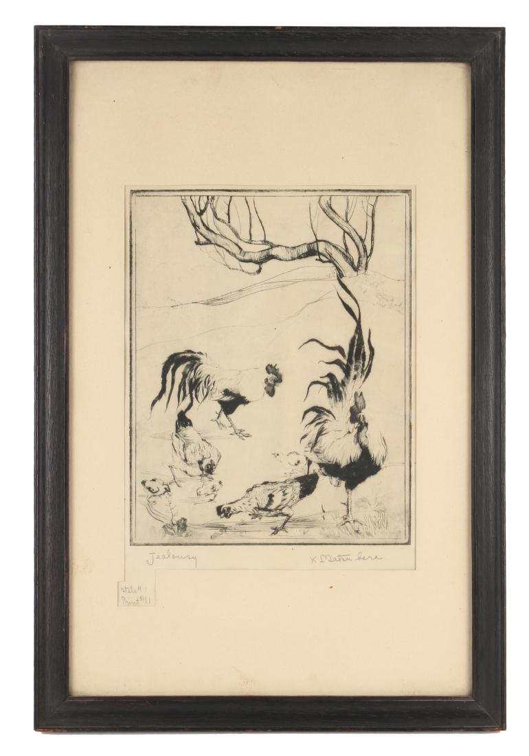 KAZUO MATSUBARA SIGNED ROOSTER PRINT: KAZUO MATSUBARA SIGNED ROOSTER PRINT: Kazuo Matsubara b. 1895 San Francisco. Dry point etching of roosters titled "Jealousy". Two roosters, hens, and chicks peck in a yard. The roosters tail