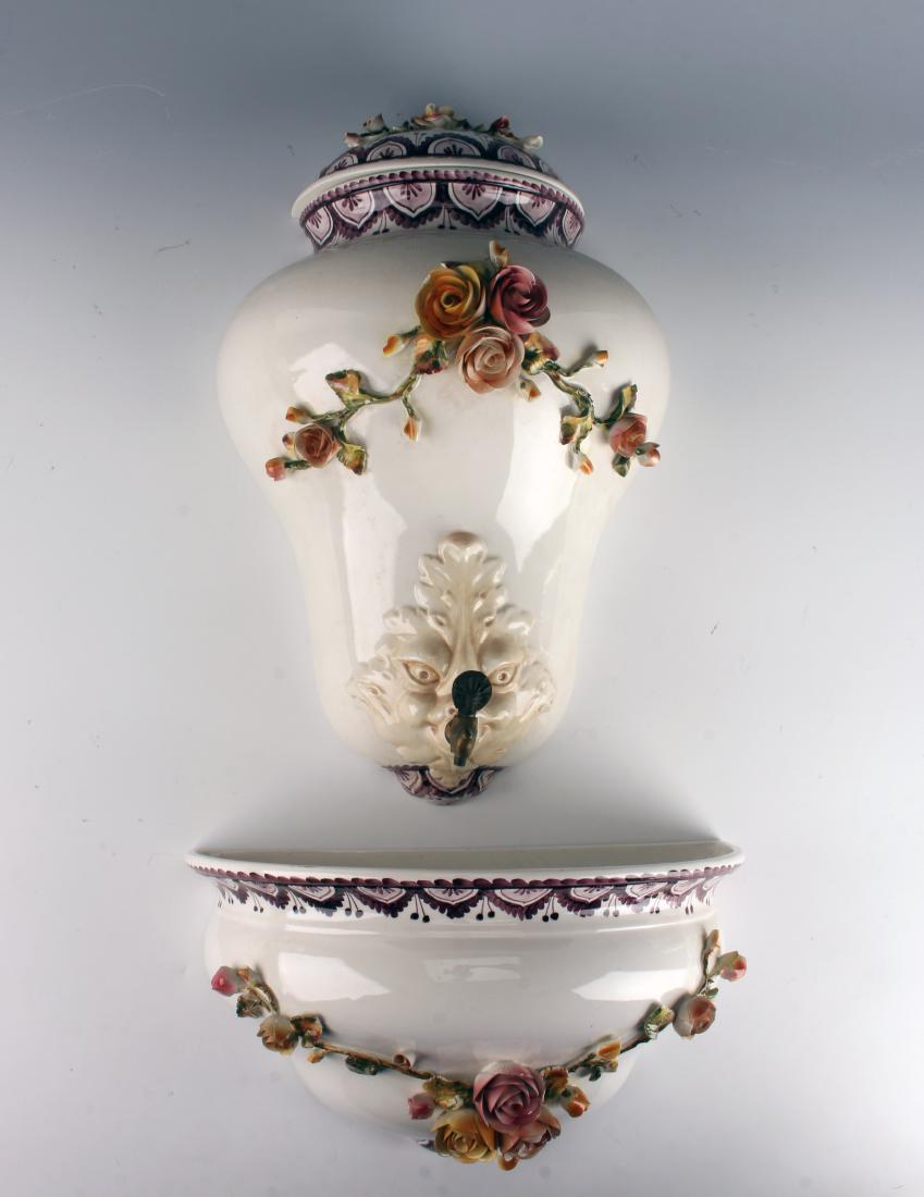 ITALIAN POTTERY WALL FOUNTAIN W APPLIED ROSES: ITALIAN POTTERY WALL FOUNTAIN W APPLIED ROSES: Italian pottery pocket wall fountain decorated in applied dusty pink roses