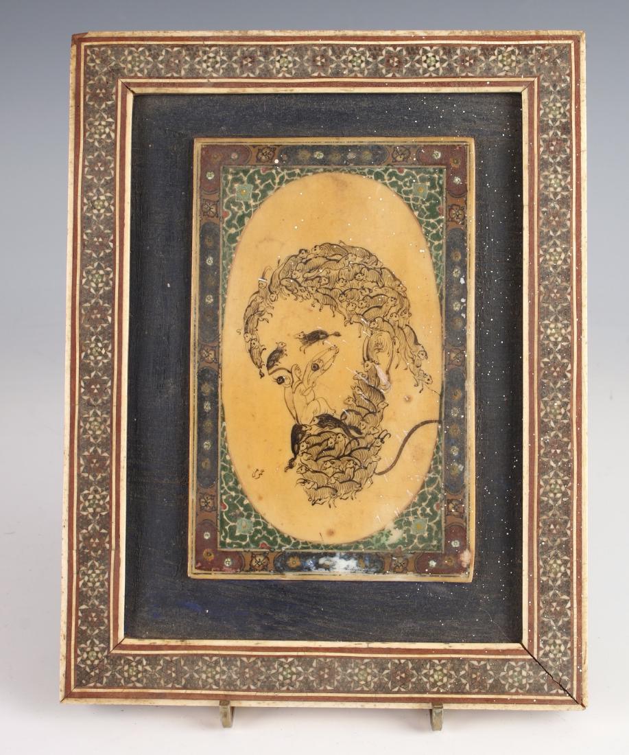 ELABORATE PERSIAN MINIATURE IN BONE FRAME: ELABORATE PERSIAN MINIATURE IN BONE FRAME: His hair is formed of wombats, his eyebrows are rats, his eyes are human figures, his mustache is an opossum, his ear is a bird, his beard is an ibex. They a