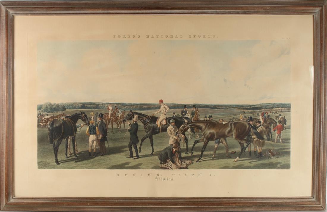 LARGE 1856 RACING PRINT: LARGE 1856 RACING PRINT : Fores's National Sports, Plate 7. Racing Plate 1. "Saddling". Painted by J.F. Herring Sr. Engraved by J Harris & C. Quentery. London Published 1856 by Messrs Fo