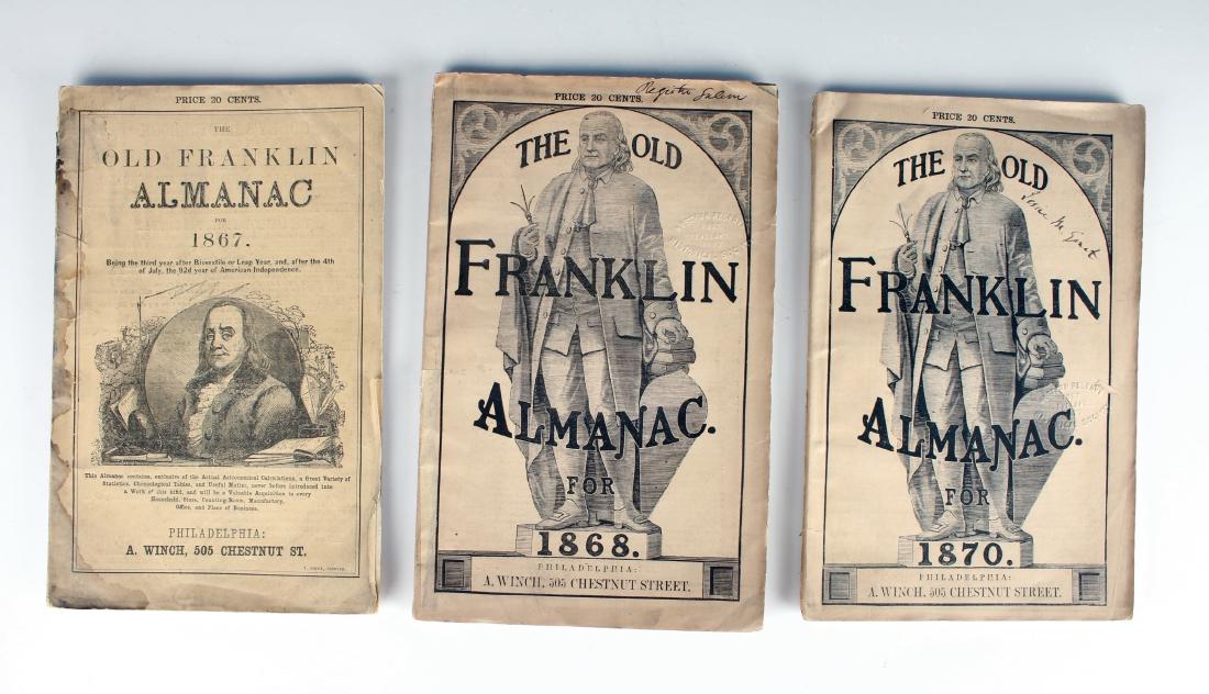 THREE OLD FRANKLIN ALMANACS 1867, 1868, 1870: THREE OLD FRANKLIN ALMANACS 1867, 1868, 1870: Dated 1867, 1868, 1870. Published in Philadelphia by A. Winch. Lists events of the previous two years, hierarchy of the Roman Catholic church, steamboat d