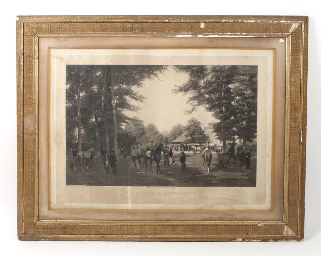 LARGE PRINT "LE PASAGE A' LONGCHAMPS": LARGE PRINT "LE PASAGE A' LONGCHAMPS": Oversized horse racing print. "Le Pasage A' Longchamps". From a painting by Edmund Georges Grandjean, engraving by Goupil & Co. NY pub