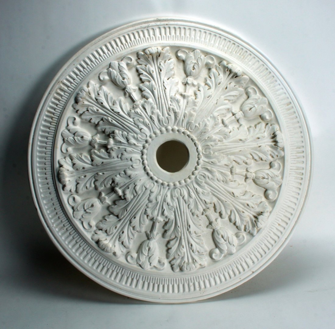 LARGE PLASTER CEILING FIXTURE MEDALLION: LARGE PLASTER CEILING FIXTURE MEDALLION : With acanthus leaves. 31" $100 - $200 Shipping: We are unable to ship this item. Plea
