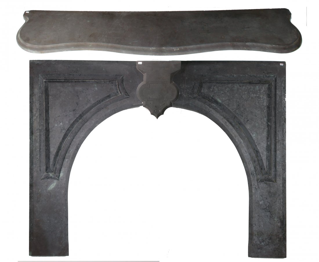 VICTORIAN SLATE FIREPLACE SURROUND: VICTORIAN SLATE FIREPLACE SURROUND: Includes side pieces, a keystone, and mantle top. Retains vestiges of painted marbleized finish. 48 1/2" X 60" $200 -