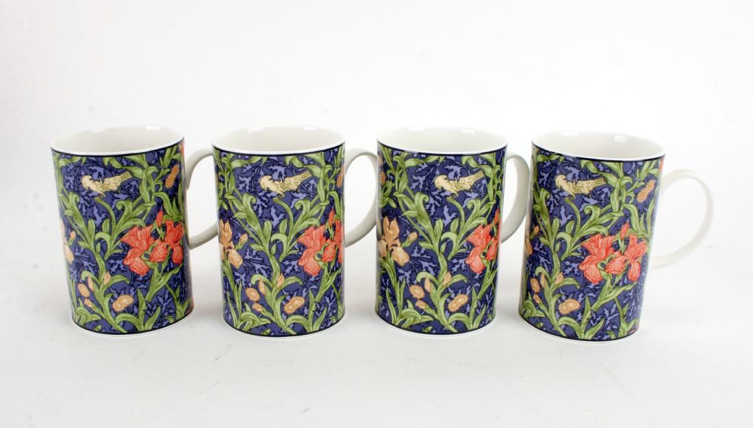 4 WILLIAM MORRIS DESIGN MUGS: 4 WILLIAM MORRIS DESIGN MUGS: Dunoon made in England bone china. Pattern is called 'Iris' adapted from a William Morris design. 2 3/4" X 4" $40 - $80 <