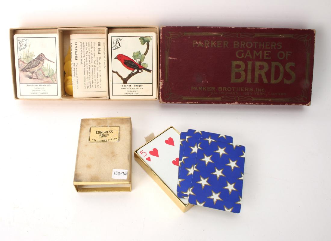 PARKER BROTHERS GAME OF BIRDS & DECK OF CARDS: PARKER BROTHERS GAME OF BIRDS & DECK OF CARDS: The Game of Birds comes with instructions, counters, and 52 cards. It's played similar to Bridge. Originally purchased at Jordan Marsh. And a set of