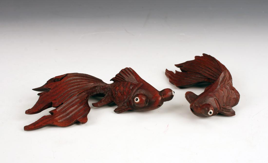 TWO CARVED WOODEN TELESCOPE KOI/CARP (1 of 6)