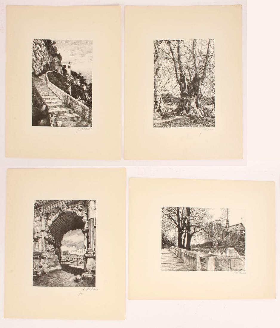 FOUR ITALIAN LITHOGRAPHS ON SILK G.M. D'AMICO: FOUR ITALIAN LITHOGRAPHS ON SILK G.M. D'AMICO: Four lithographs of Italian landmarks on silk by Guiseppe Mario D'Amico (Italian 1903 - 1970). Signed on lower right of the mat. Including: Parigi - Lung