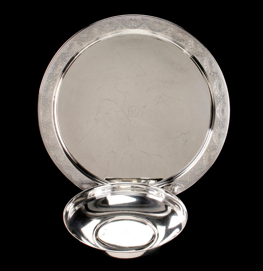 TIFFANY STERLING TRAY AND BOWL: TIFFANY STERLING TRAY AND BOWL: 15" Circular tray with swag patterned border, Marked 20380B makers 4637 925-1000 and Low bowl marked 18720 makers 12943. Both monogrammed in Art Deco lettering. 16