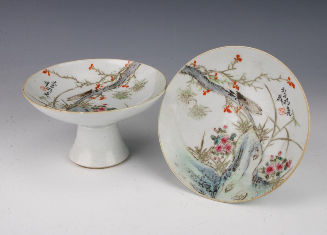 PAIR OF HIGH HEELED GARDEN BOWLS: PAIR OF HIGH HEELED GARDEN BOWLS: An insect crawls along a branch in a garden. Calligraphy and artist marks with the image. 6" X 3 1/4" $300 - $500