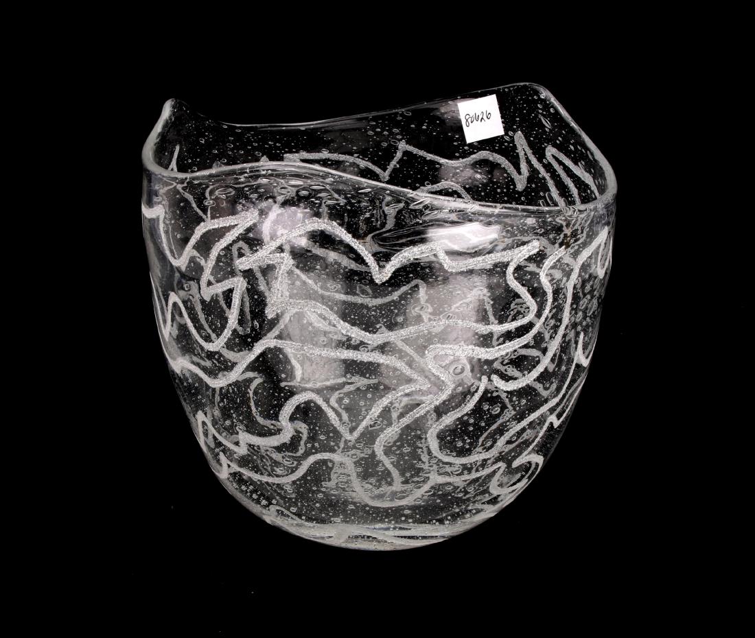 KOSTA BODA ULRICA HYDMAN-VALLIEN BOWL: KOSTA BODA ULRICA HYDMAN-VALLIEN BOWL: Signed UHV/29 or UHV/LP. This clear crystal bowl has a molten stretched edge and irregular air bubbles throughout. Matte squiggles