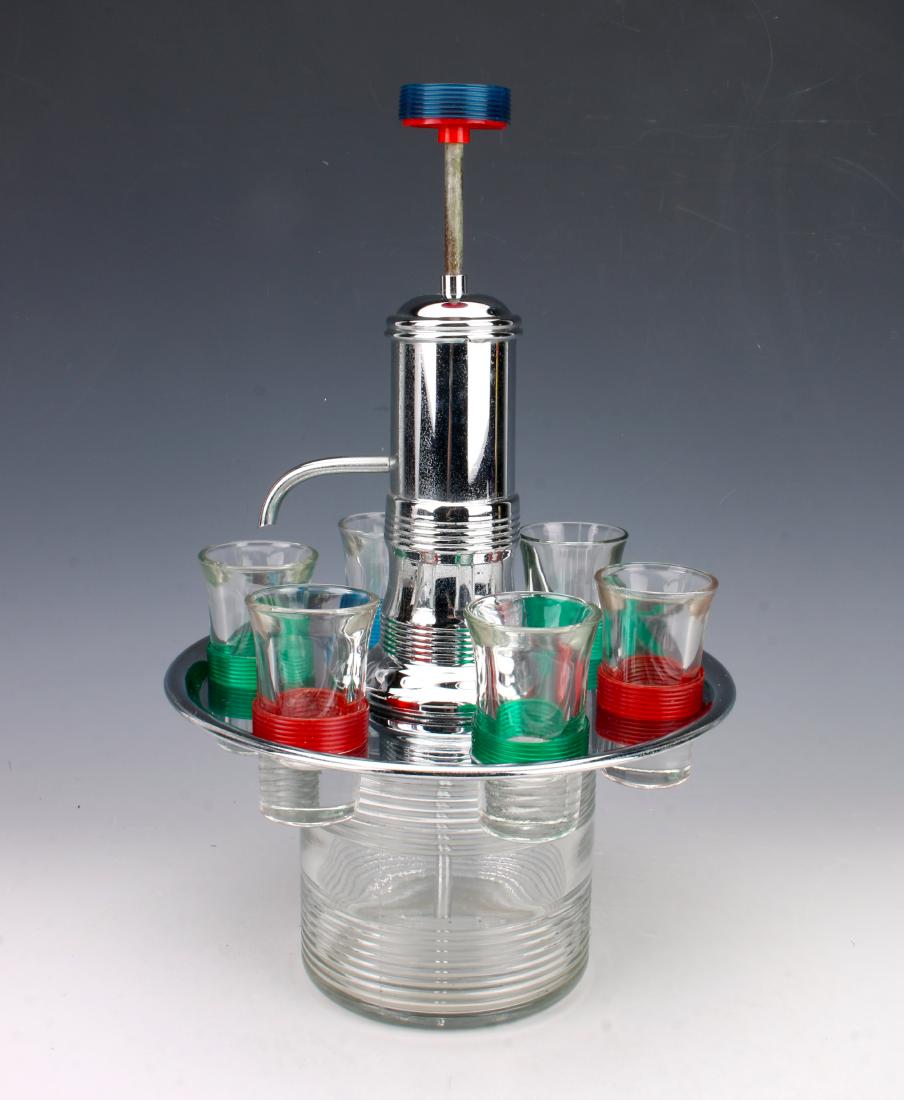 ART DECO DECANTER SET SHOT GLASSES CHROME PUMP