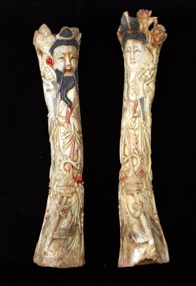 RARE PAIR OF ANTIQUE CHINESE PORTRAITS ON BONE: RARE PAIR OF ANTIQUE CHINESE PORTRAITS ON BONE: Antique pair of carved, hand-colored portraits on sections of bone depicting emperor and empress figures. Chinese 19th century polychrome