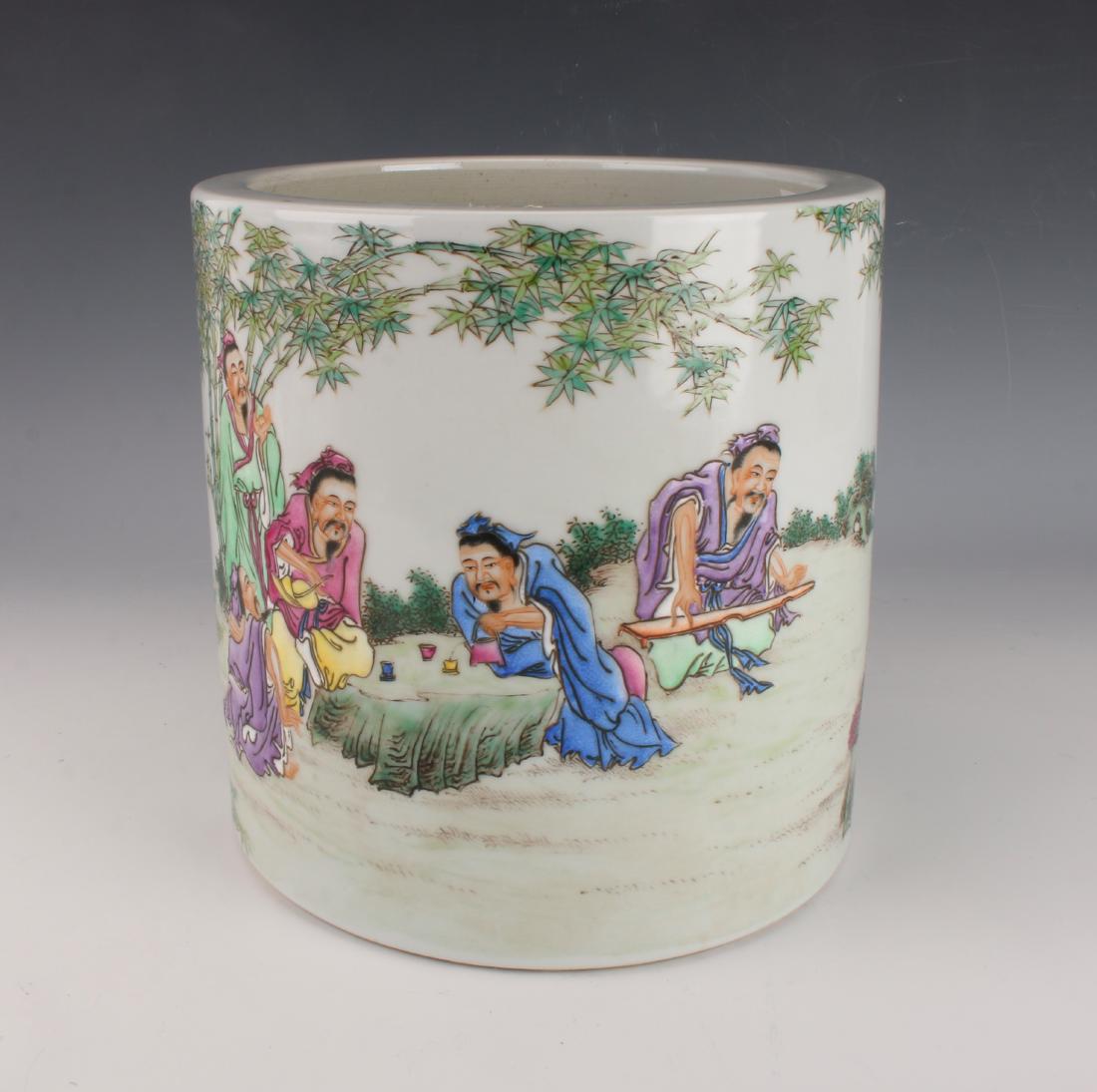 LARGE CHINESE PORCELAIN SCHOLAR BRUSH POT: LARGE CHINESE PORCELAIN SCHOLAR BRUSH POT: Scholars sit outside drinking tea, playing instruments, and contemplating complex issues among leafy bamboo stalks. Calligraphy and artist marks are on the o