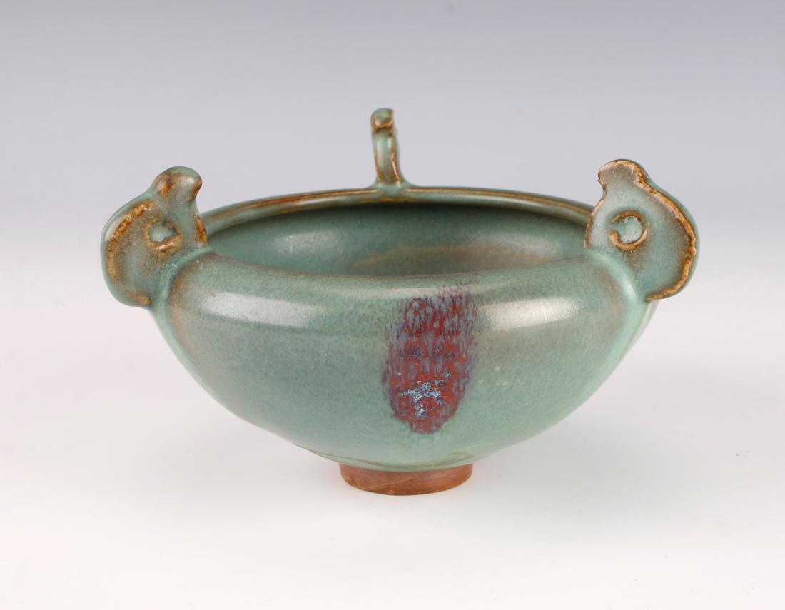 JUN WARE CENSER: JUN WARE CENSER: Jun ware censer with the traditional purple splotch on the outside. There are three creature forms that rise above the rim. Sits on a small low foot. 5"