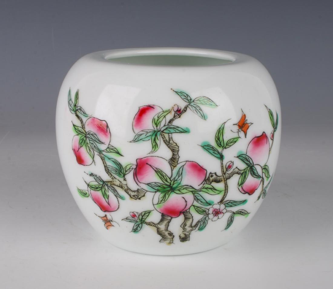 BRUSH POT WITH NINE PEACHES: BRUSH POT WITH NINE PEACHES: Small white brush pot with nine ripe peaches on bright green leaves. Two butterflies flutter around the fresh fruit in orange! Calligraphy and artist mark on the back. Mar