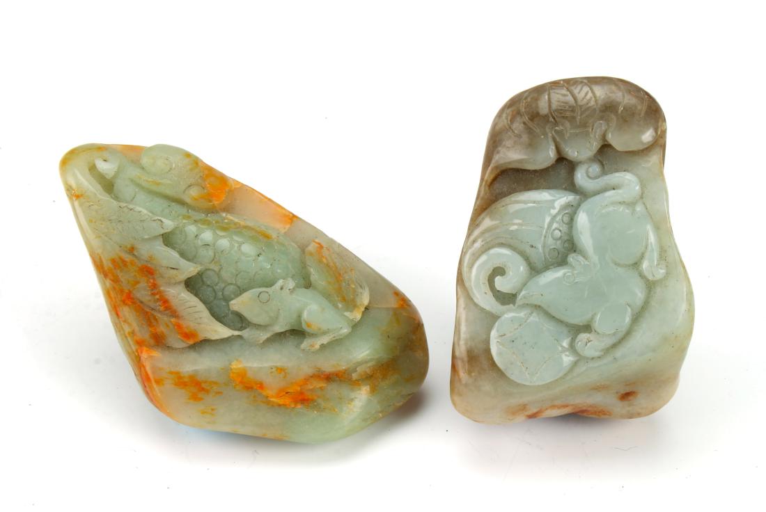 2 CARVED ANIMAL STONES: 2 CARVED ANIMAL STONES: One is squirrel, the other is a rat with a lucky coin next to a lotus pod with a bat overhead. 3" $40 - $80 Shipping: