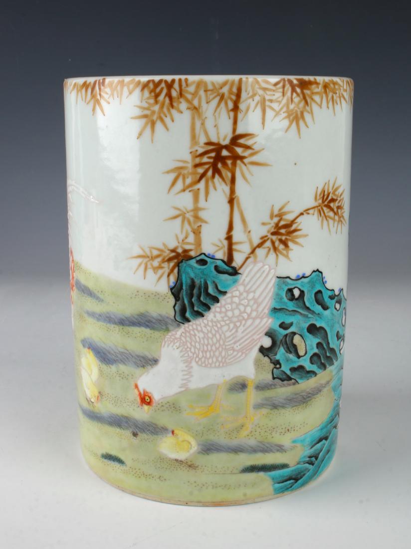 ROOSTER BRUSH POT: ROOSTER BRUSH POT: A rooster, hen, and chicks peck for food in a garden. 3D glazes accentuate the designs. Calligraphy and artist mark on back of scene with dramatic turquoise boulders. Turquoise inte