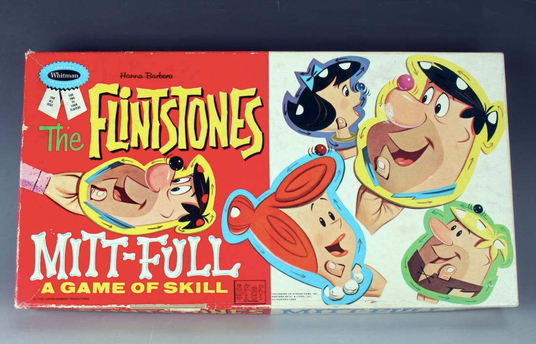 FLINTSTONES MITT-FULL GAME 1962: FLINTSTONES MITT-FULL GAME 1962: Fintstones Mitt-Full a game of skill. All pieces included needed to play the game. 8 1/4" X 15 3/4" $40 - $80 S