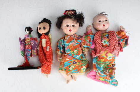 FOUR VINTAGE JAPANESE DOLLS: FOUR VINTAGE JAPANESE DOLLS: Matching boy and girl and two fabric dolls. Stuffed doll is sewn. Small stuffed doll.  8&quot; $40 - $80 Shipping: