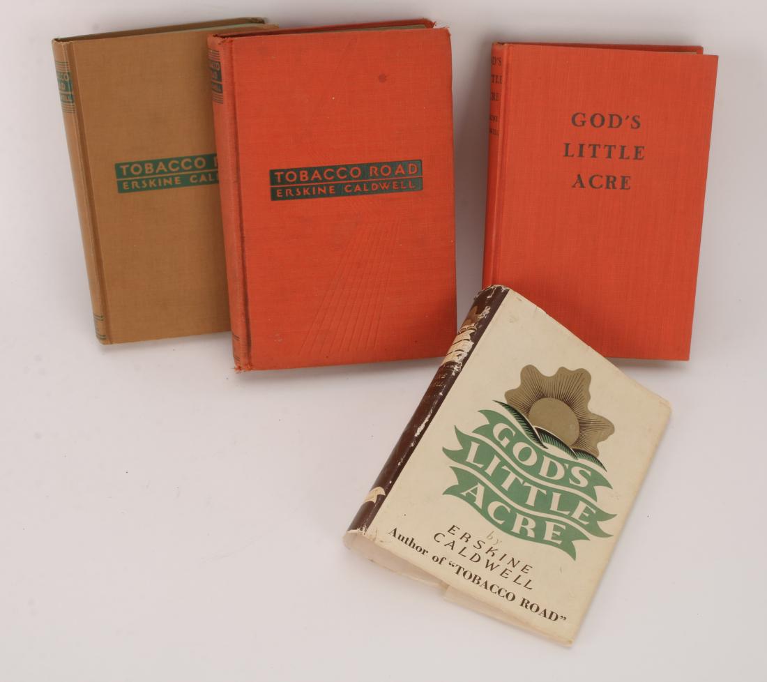 CALDWELL'S 1ST EDITION GOD'S LITTLE ACRE: CALDWELL’S 1ST ED GOD'S LITTLE ACRE, TOBACCO ROAD: Assembled lot of Caldwell’s God’s Little Acre (pub. 1933) and two copies of Tobacco Road, each published in 1932 but with different boa