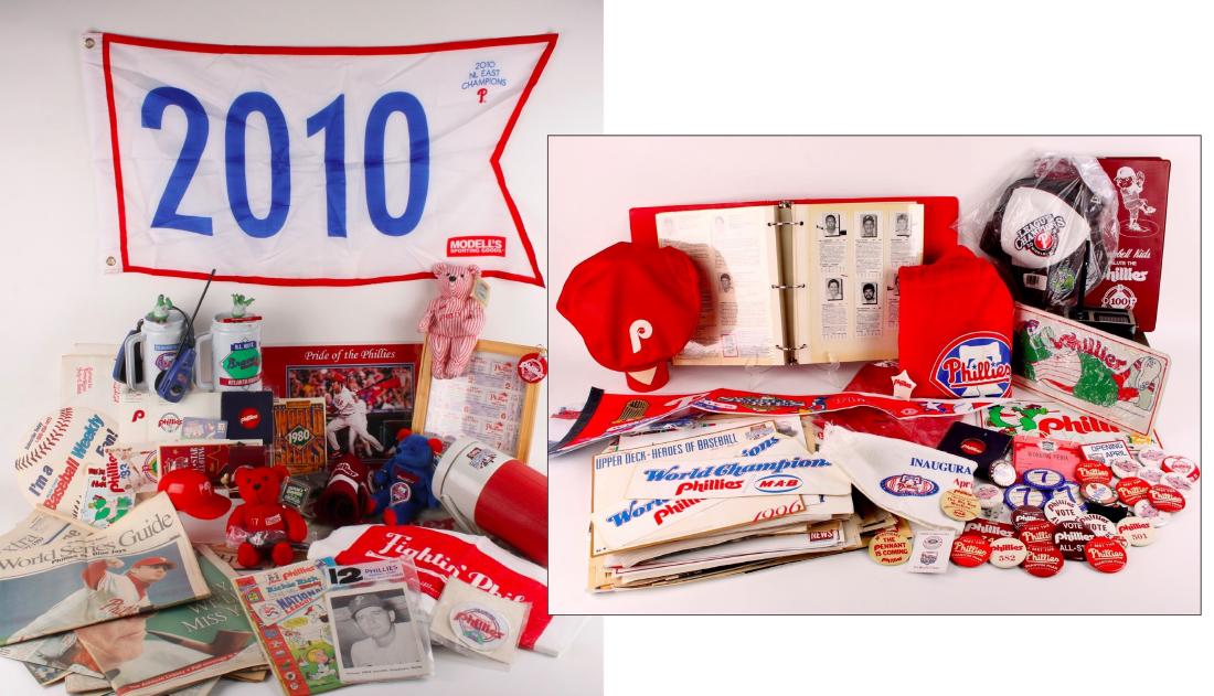 ASSEMBLED LOT PHILLIES ITEMS: ASSEMBLED LOT PHILLIES ITEMS: All the Phillies gear you can imagine, and more! Framed World Series tickets 1964, 1997 Phillie Phanatic birthday card, Phillies phan-o-gram newsletter, Allstar 1996 game
