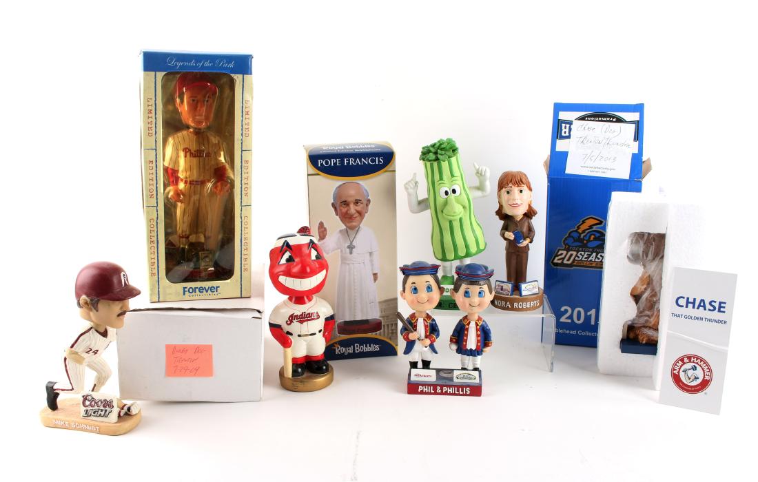 LOT OF BASEBALL GIVEAWAY BOBBLEHEADS: LOT OF BASEBALL GIVEAWAY BOBBLEHEADS : Mr. Celery, Phil & Phillis, Pope Francis, Nora Roberts, and more. $40 - $80 Shipping: We are able to pack and ship