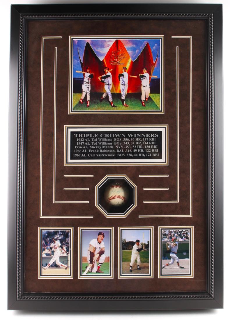 FRAMED TRIPLE CROWN WINNERS: FRAMED TRIPLE CROWN WINNERS: Ted Williams, Mickey Mantle, Frank Robinson, and Carl Yastrzemski. Three out of four signatures on the photo including Frank Robinson, Ted Williams, and Mickey Mantle. Bas