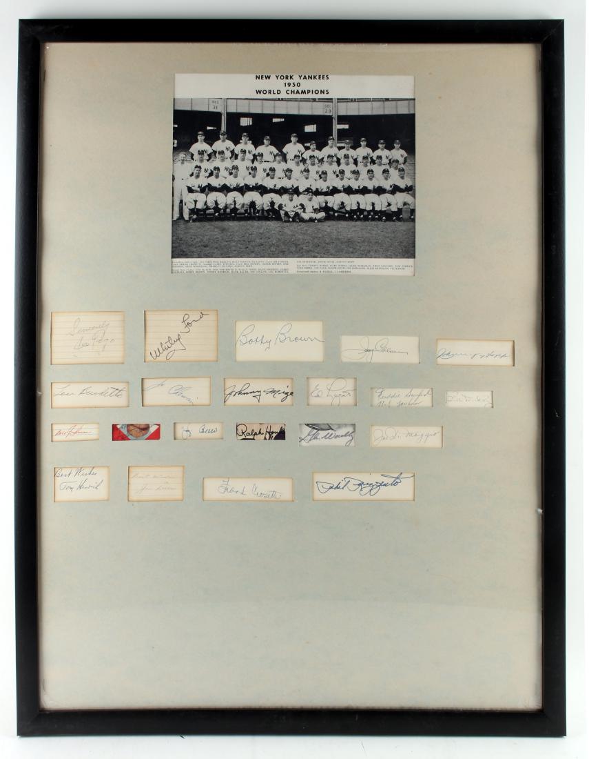 21 1950 YANKEES SIGNATURES AND PHOTO IN FRAME: 21 1950 YANKEES SIGNATURES AND PHOTO IN FRAME: 1950 New York Yankees World Champions. Signatures include Yogi Berra, Joe DiMaggio, Bobby Brown, Tom Henrich, Frank Crosetti, and Phil Rizzuto.