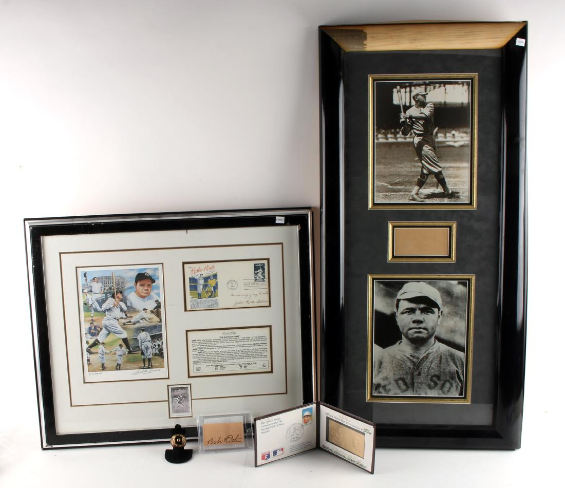 BABE RUTH MEMORABILIA SIGNATURE: BABE RUTH MEMORABILIA SIGNATURE: Includes gold stamp, reproduction Baseball Hall of Fame Babe Ruth ring, two framed commemorative pieces. Signed and numbered print 517/9900 with a silver US Postal Ser
