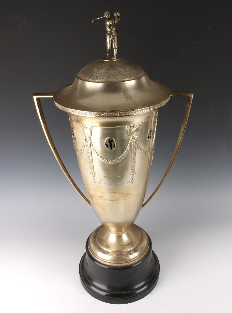 1934 ART DECO GOLF TROPHY: 1934 ART DECO GOLF TROPHY: J. Fletcher Farrell Trophy. Missouri Bankers Handicap. Must be won three times for permanent possession. Made by Wallace Trophy. 30"