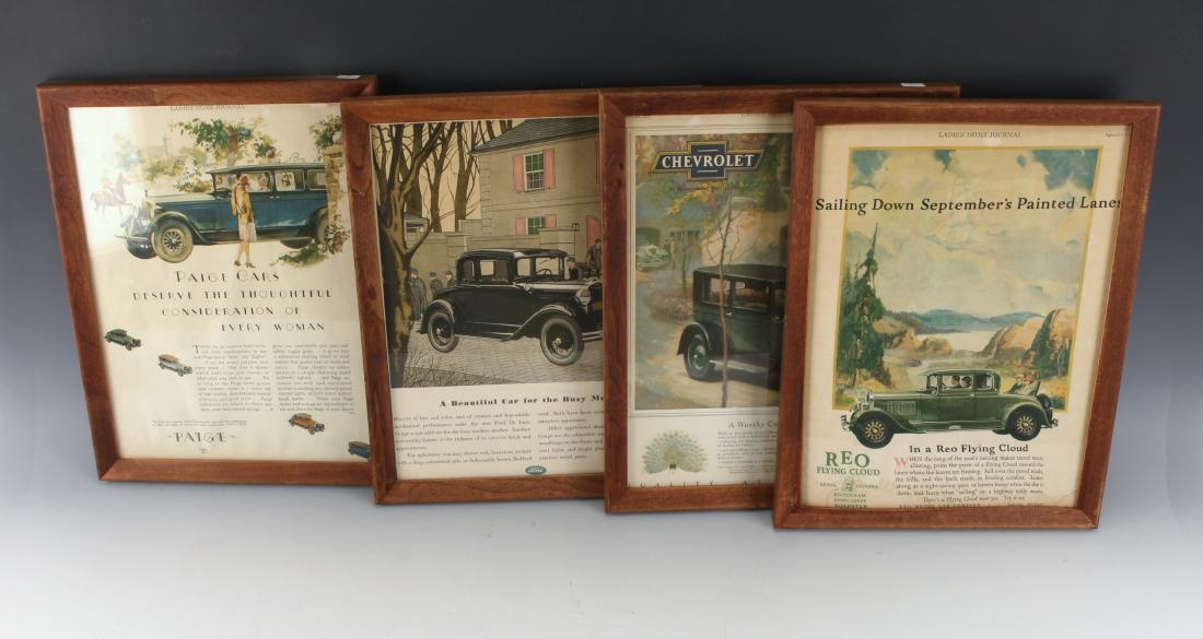 FOUR VINTAGE FRAMED CAR ADS 1920S: FOUR VINTAGE FRAMED CAR ADS 1920S: Paige, Ford, Chevrolet, and REO car ads from Ladies Home Journal. 11" X 14" $40 - $80 Shipping: