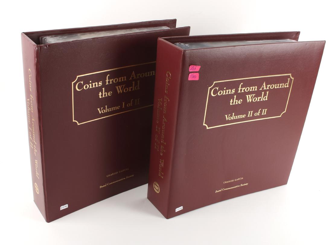 2 BINDERS COINS AROUND THE WORLD VOL 1 & 2: 2 BINDERS COINS AROUND THE WORLD VOL 1 & 2: Separate sheets of coins from around the world with information about the country and currency. Two volumes, not determined if complete.