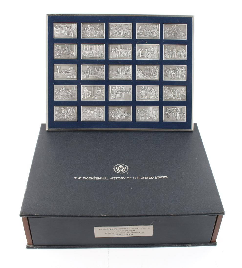 FRANKLIN MINT 100 US HISTORY FINE PEWTER INGOTS: FRANKLIN MINT 100 US HISTORY FINE PEWTER INGOTS: In honor of the bicentennial, 100 ingots celebrating 200 years of American history in pewter bas relief. In custom case. Struck by the Franklin Mint ex