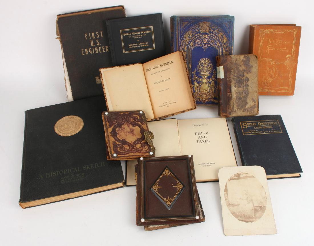 LOT OF VINTAGE AND ANTIQUE BOOKS: LOT OF VINTAGE AND ANTIQUE BOOKS: Including 1813 German book, hardcover hinged albums that are broken, WWI book, The Book of Pearls, The Seven Seas, Dorothy Parker, and more. $100 - $200