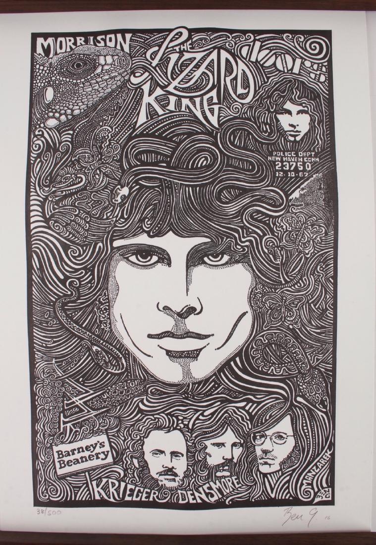 JIM MORRISON THE DOORS SIGNED PRINT 38/500: JIM MORRISON THE DOORS SIGNED PRINT 38/500: Artist Ben G 2016. Print 38/500 with certificate of authenticity. $200 - $400 Shipping: We are able to pack and s