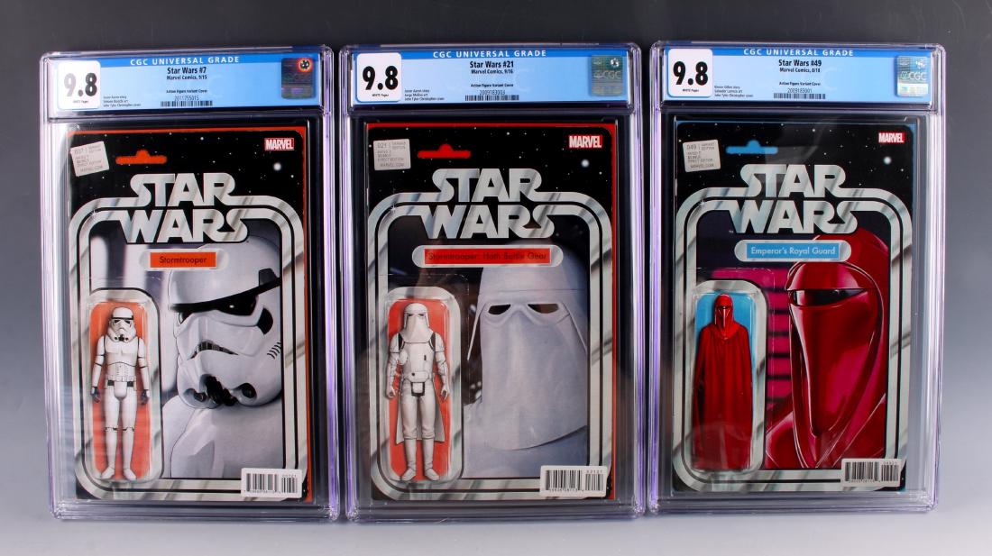 THREE STAR WARS COMICS CGC 9.8 EMPEROR'S MINIONS: THREE STAR WARS COMICS CGC 9.8 EMPEROR'S MINIONS: Covers have illustrations of actions figures. $100 - $200 Shipping: We are able to pack and ship this item t