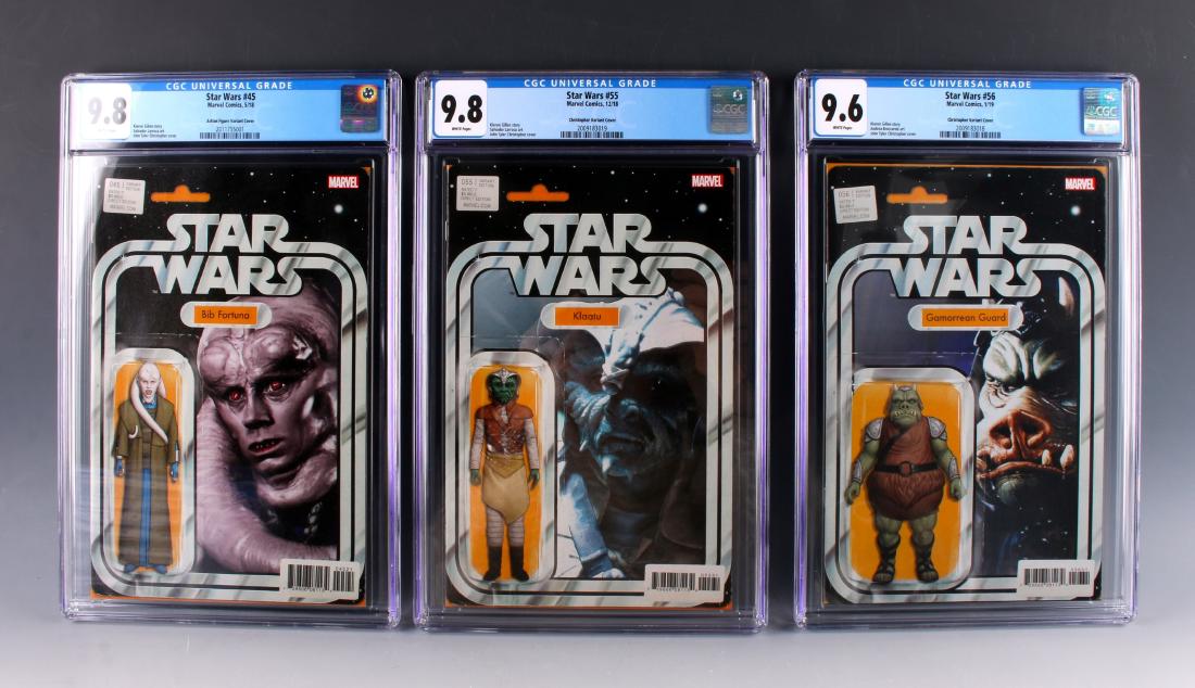 THREE STAR WARS COMICS CGC JABBA'S MINIONS!: THREE STAR WARS COMICS CGC JABBA'S MINIONS!: Covers have illustrations of actions figures. $100 - $200 Shipping: We are able to pack and ship this item to an