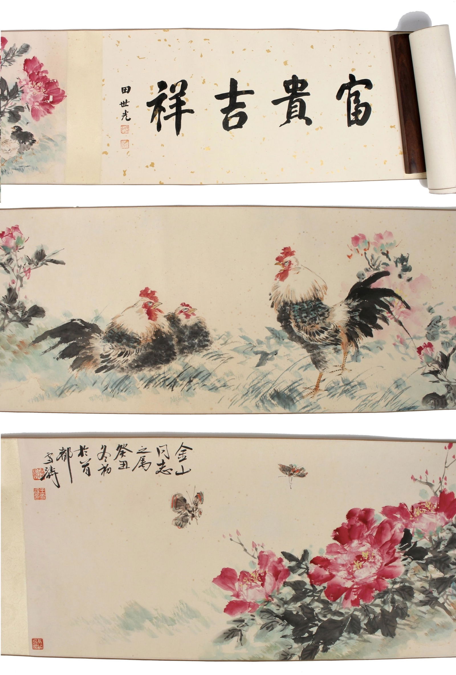 CHINESE LONG ROOSTER SCROLL: CHINESE LONG ROOSTER SCROLL: A very colorful scene of a rooster with a hen and chicks in a garden among flowers and butterflies. Calligraphy with artist marks on either side.