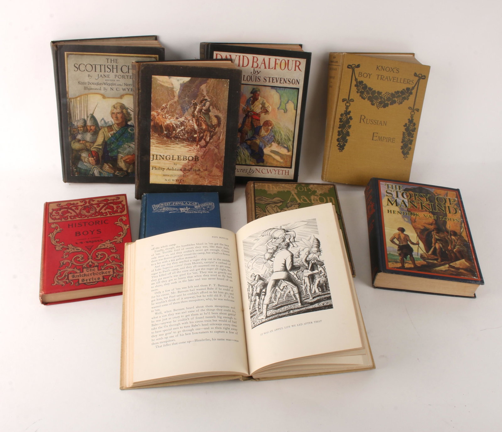 ASSEM. LOT 9 VINTAGE CHILDREN'S ADVENTURE BOOKS: ASSEM. LOT 9 VINTAGE CHILDREN'S ADVENTURE BOOKS: Scribner's, Garden City Publishing, Paul Bunyon designed and illustrated by Rockwell Kent 1st edition 1924. Story of Aaron 1900, by the author