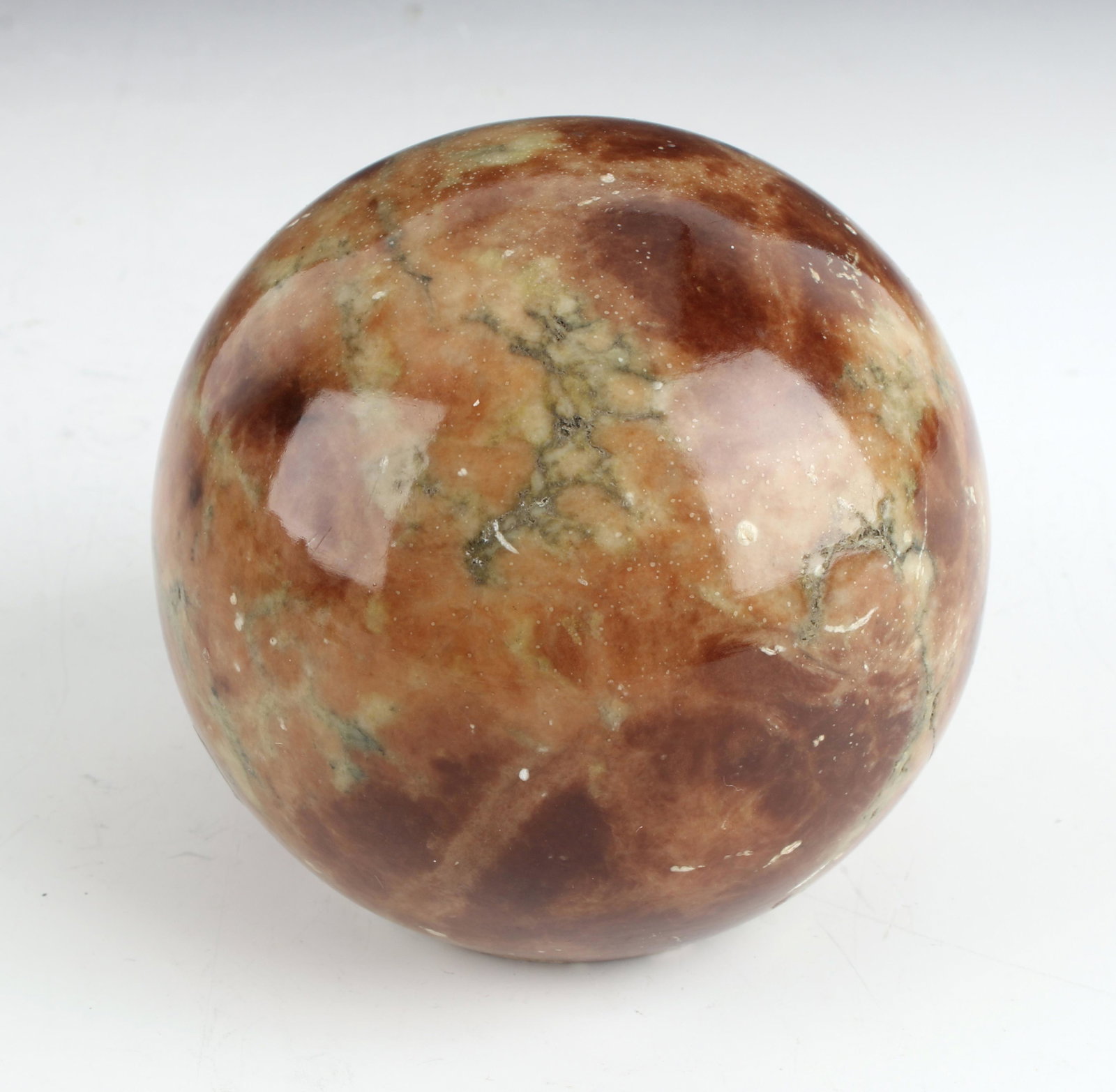 ITALIAN ALABASTER ORB PAPERWEIGHT: ITALIAN ALABASTER ORB PAPERWEIGHT: Brown and beige swirls on this polished orb. Has flattened bottom to sit firmly. 3 1/2" $200 - $400 Shipping:<